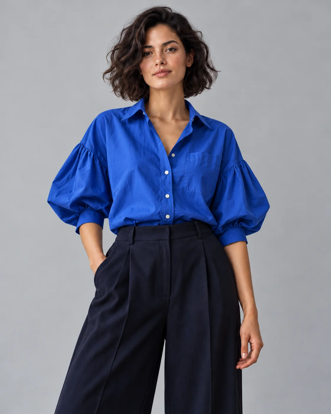 Virtual try on clothes example: cobalt blue shirt with gathered sleeves on the original portrait Virtual try on clothes example: cobalt blue shirt with gathered sleeves on the original portrait