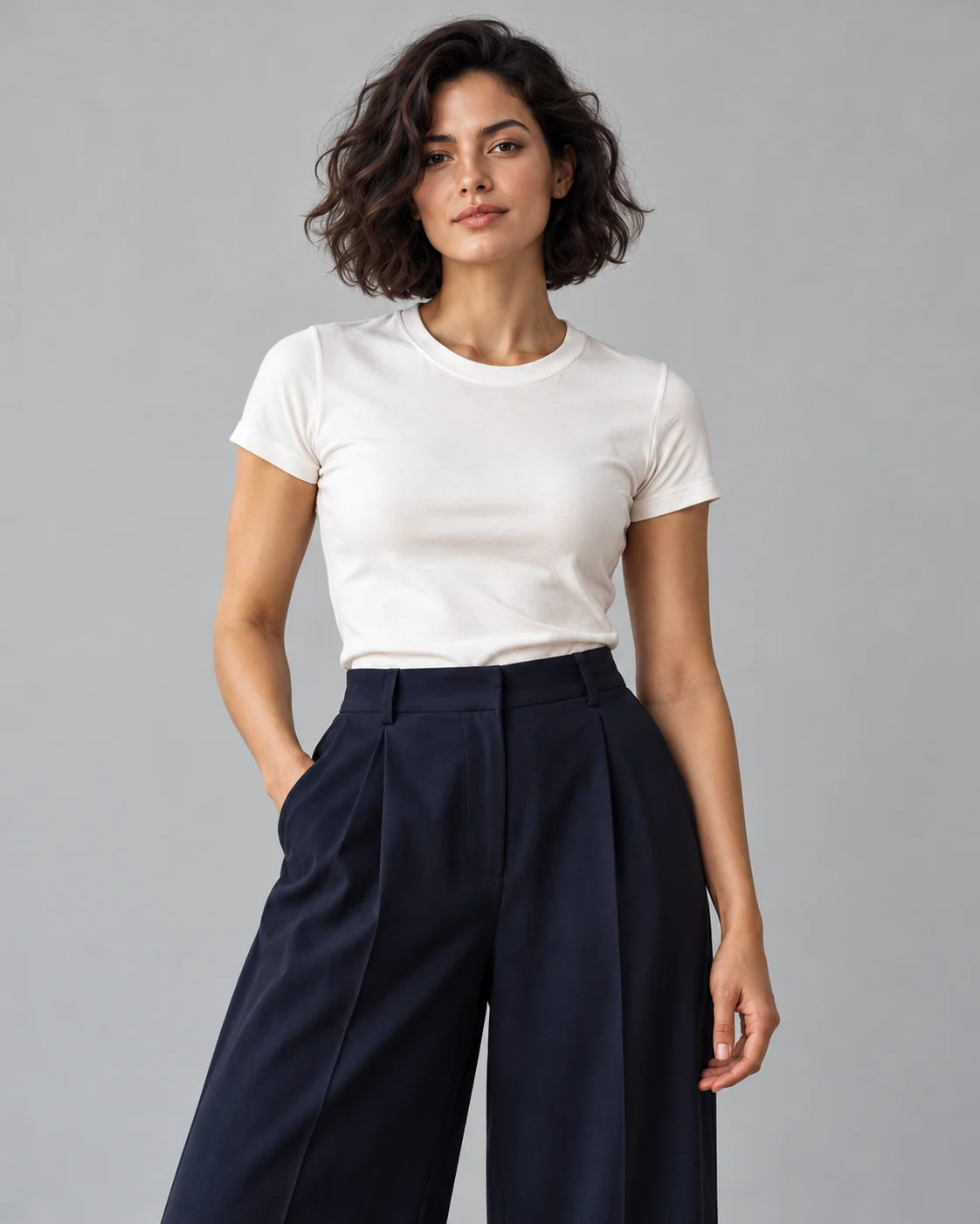 Virtual try on clothes original: source portrait in a white T-shirt and navy trousers Virtual try on clothes original: source portrait in a white T-shirt and navy trousers