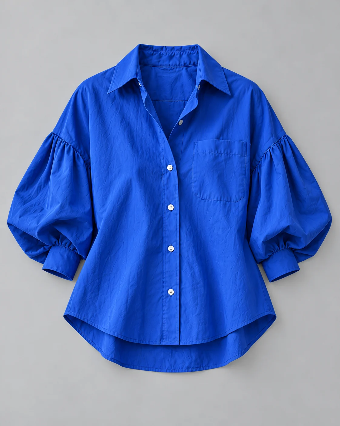 Virtual try on clothes reference: cobalt cotton shirt reference with a pointed collar and gathered sleeves Virtual try on clothes reference: cobalt cotton shirt reference with a pointed collar and gathered sleeves