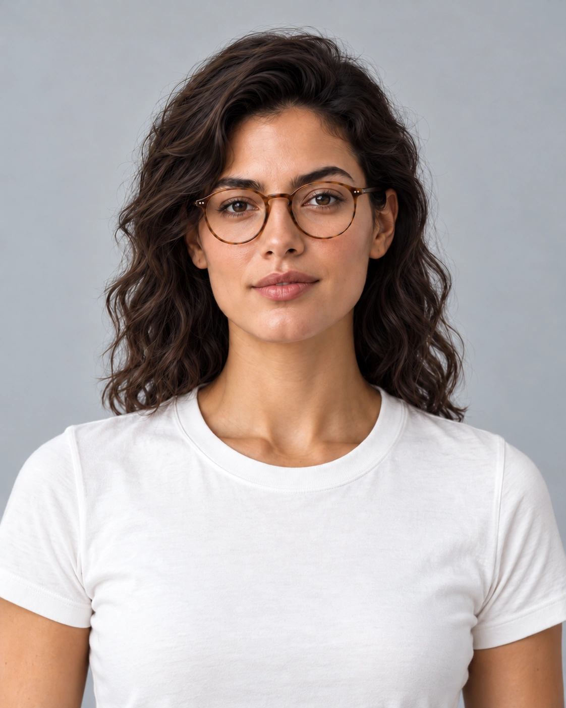 Glasses Virtual glasses try on example: round tortoiseshell glasses with clear lenses on a front-facing portrait