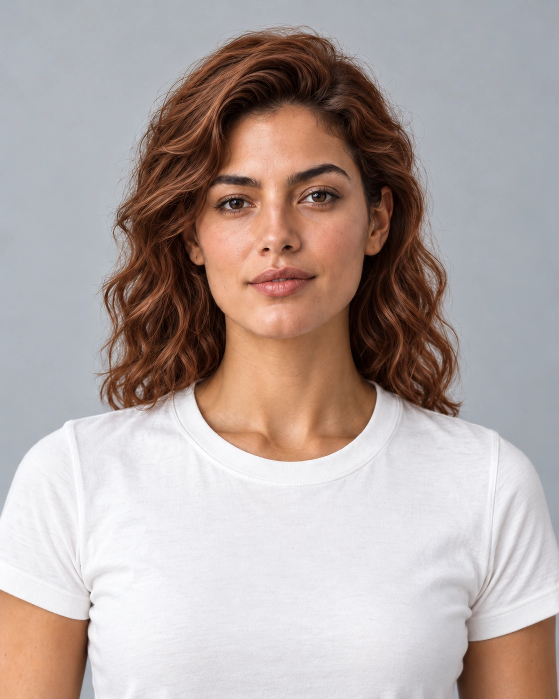 Hair color Hair color try on example: copper-auburn hair on the same portrait