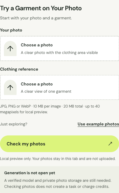 How Photo-Based Try-On Works Virtual try on clothing upload interface with person and garment fields